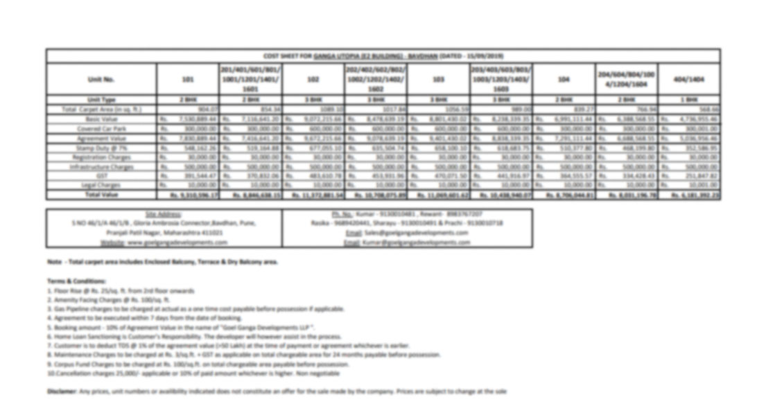 Cost Sheet